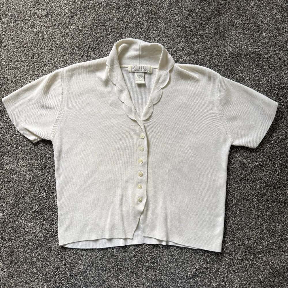 Petite Sophisticate Ivory Ribbed Knit Button Front Top Scalloped Collar Women’s